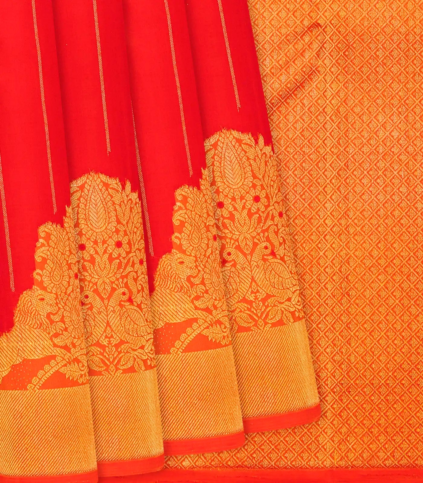 Dark Peach Handloom Kanchipuram Korvai Silk Saree Zari Stripes-Dark Peach