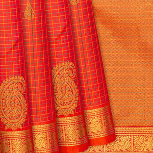 Red Handloom Kanchipuram Silk Saree With Checks & Buttas-Red