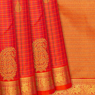 Red Handloom Kanchipuram Silk Saree With Checks & Buttas-Red