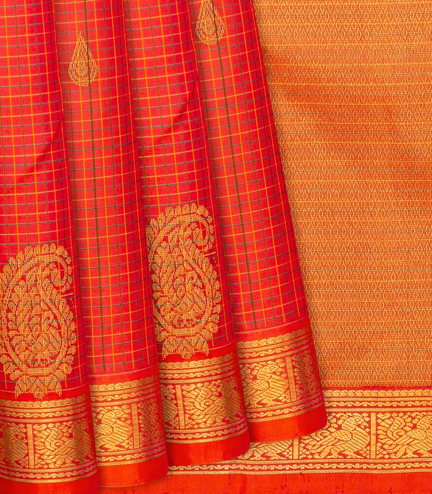 Red Handloom Kanchipuram Silk Saree With Checks & Buttas-Red