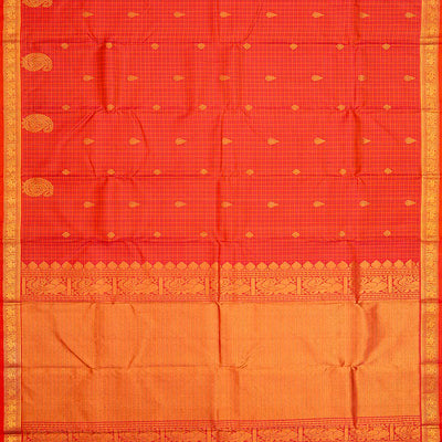 Red Handloom Kanchipuram Silk Saree With Checks & Buttas-Red