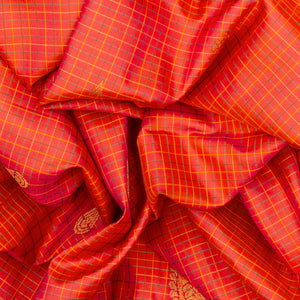 Red Handloom Kanchipuram Silk Saree With Checks & Buttas-Red