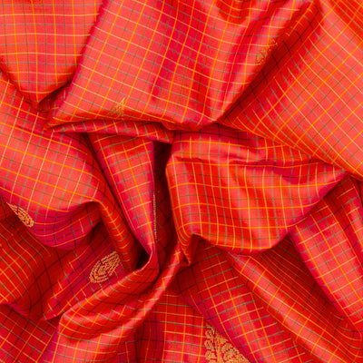 Red Handloom Kanchipuram Silk Saree With Checks & Buttas-Red