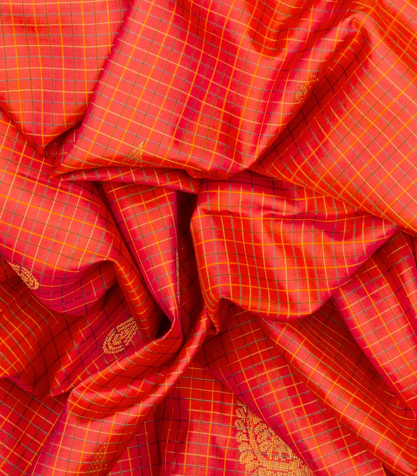 Red Handloom Kanchipuram Silk Saree With Checks & Buttas-Red