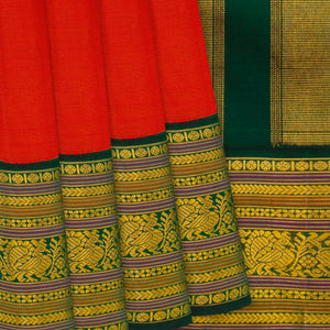 Red Handloom Kanchipuram Korvai Silk Saree With Green Border-Red