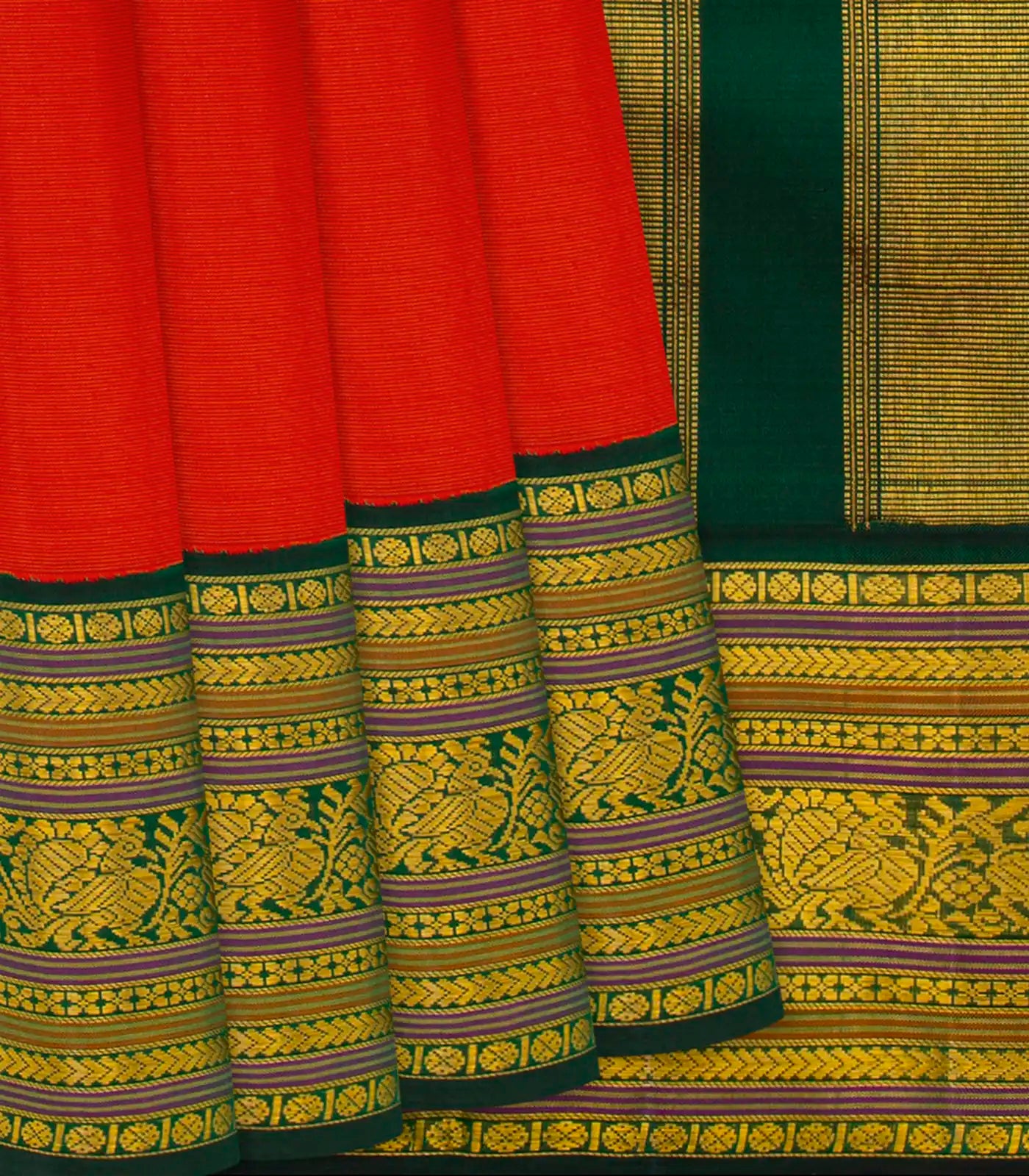 Red Handloom Kanchipuram Korvai Silk Saree With Green Border-Red