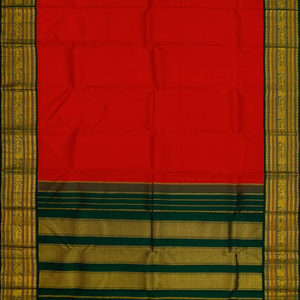 Red Handloom Kanchipuram Korvai Silk Saree With Green Border-Red