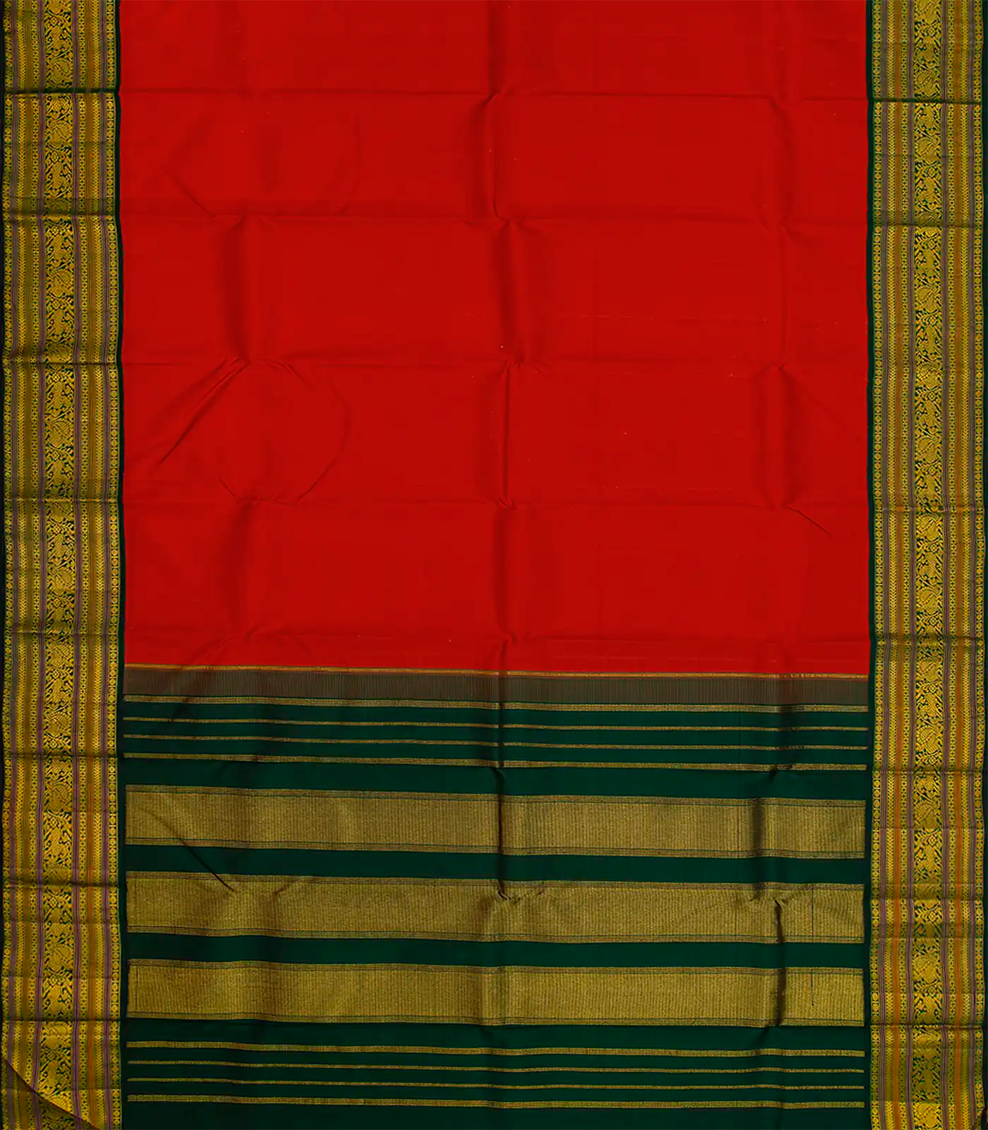 Red Handloom Kanchipuram Korvai Silk Saree With Green Border-Red