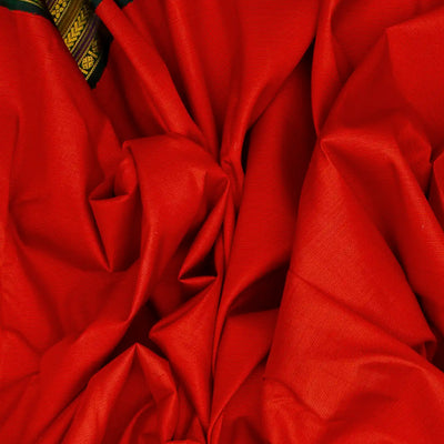 Red Handloom Kanchipuram Korvai Silk Saree With Green Border-Red