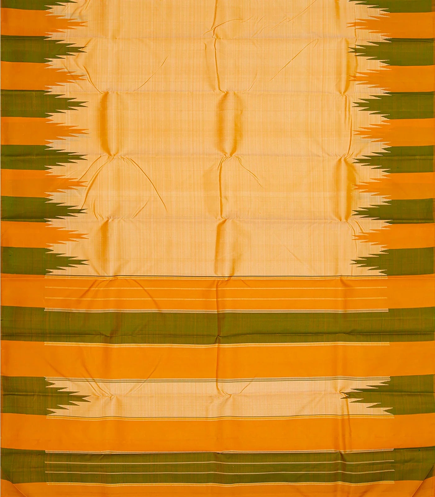 Sandal Handloom Kanchipuram Korvai Silk Saree With Temple Border-Sandal