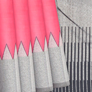 Bubble-gum Pink Handloom Kanchipuram korvai Silk Saree With Grey Border-BubbleGum Pink