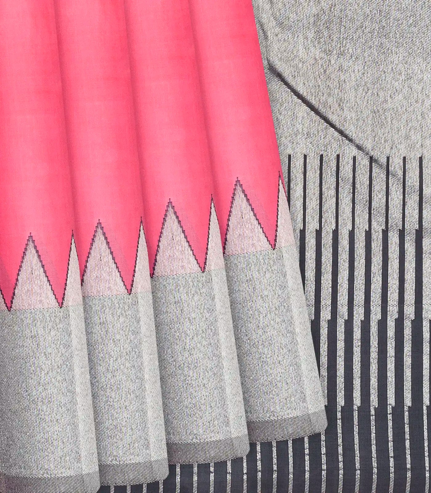 Bubble-gum Pink Handloom Kanchipuram korvai Silk Saree With Grey Border-BubbleGum Pink