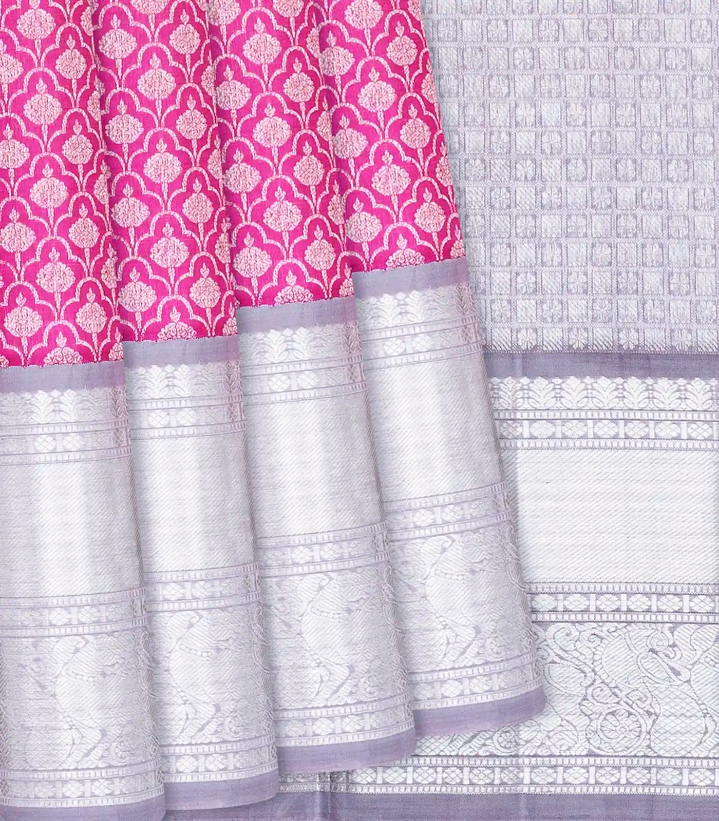 Hot Pink Handloom Kanchipuram Silk Saree With Floral Jaal Motifs -Hot Pink