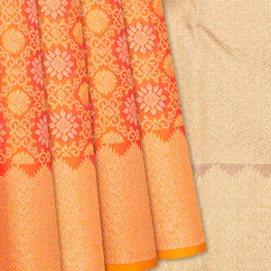 Peach Handloom Kanchipuram Silk Saree With Meena Floral Motifs-Peach