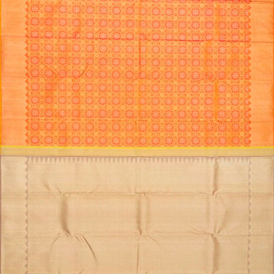 Peach Handloom Kanchipuram Silk Saree With Meena Floral Motifs-Peach