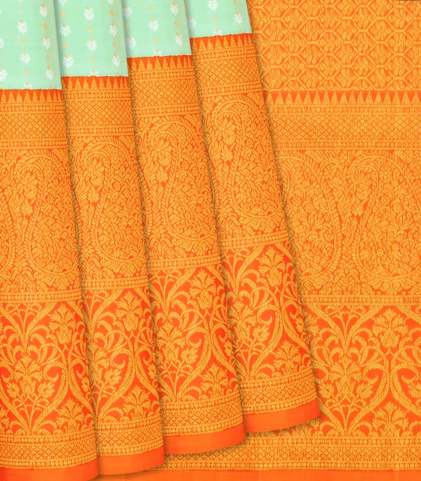 Light Green Handloom Kanchipuram Silk Saree With Floral Stripes-Light Green