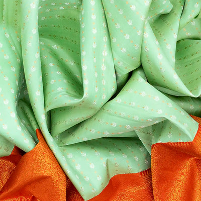 Light Green Handloom Kanchipuram Silk Saree With Floral Stripes-Light Green