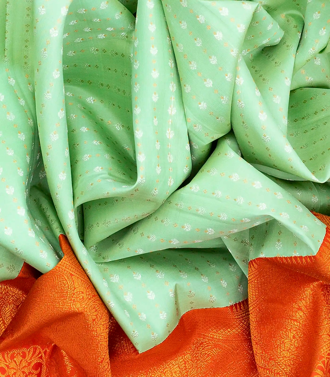 Light Green Handloom Kanchipuram Silk Saree With Floral Stripes-Light Green