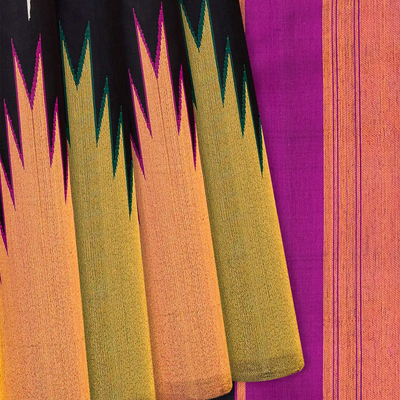 Black Handloom Kanchipuram Korvai Silk Saree With Jasmine Bud Buttas-Black