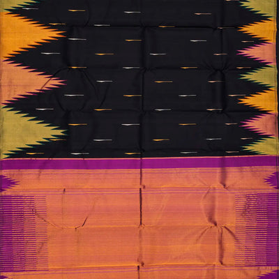 Black Handloom Kanchipuram Korvai Silk Saree With Jasmine Bud Buttas-Black