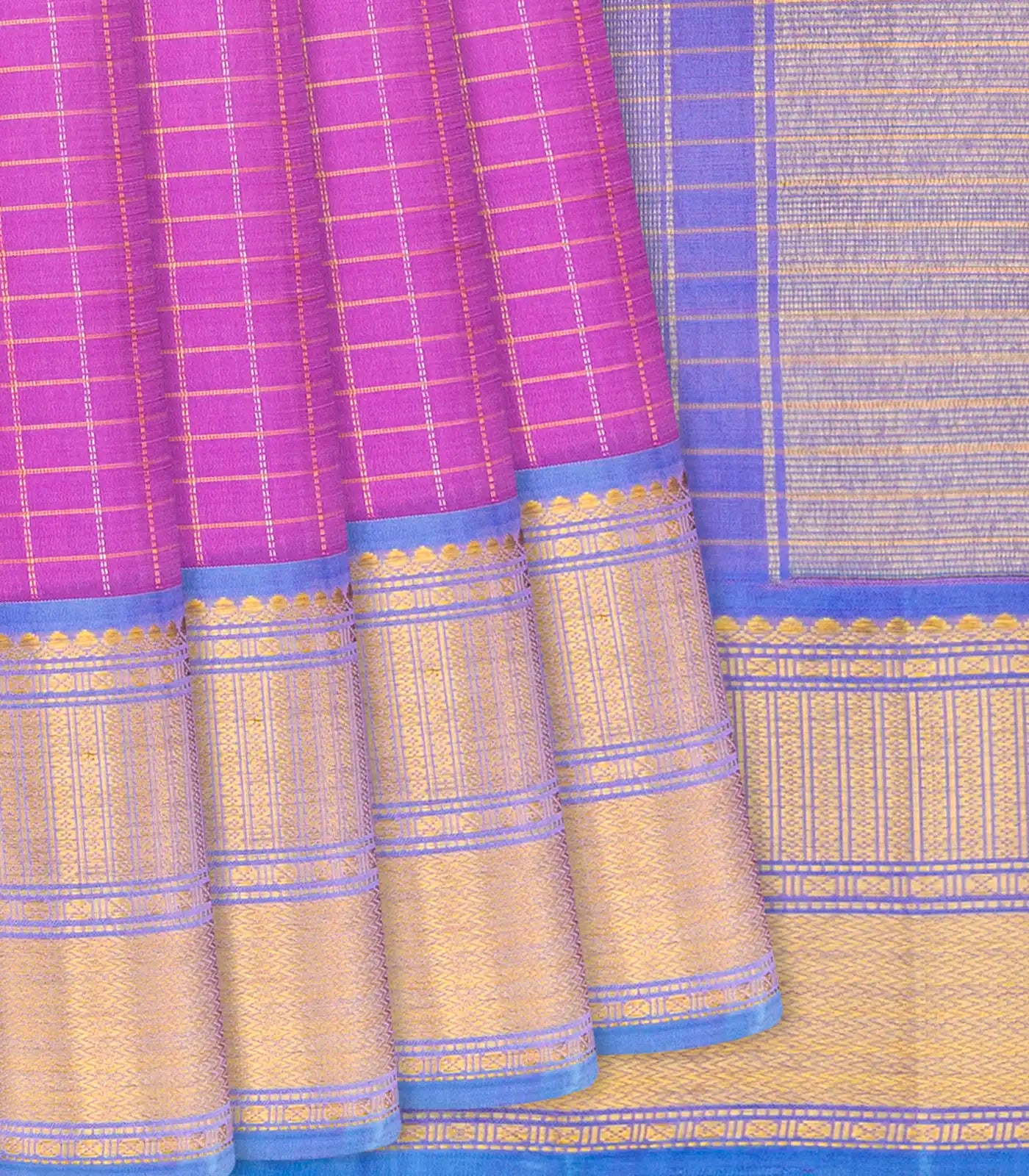 Bubble-gum Pink Handloom Kanchipuram Korvai Silk Saree With Zari Checks-BubbleGum Pink