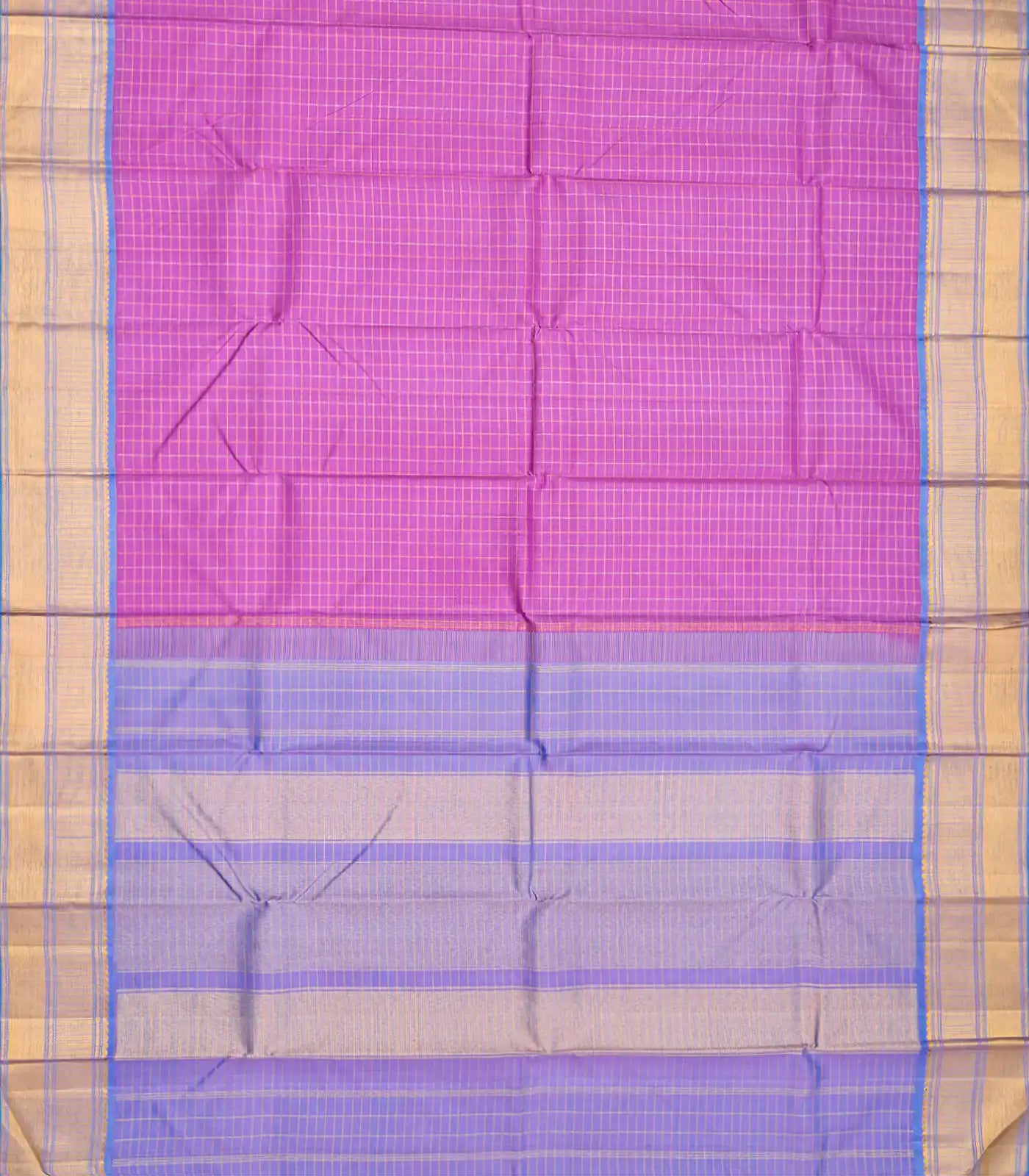 Bubble-gum Pink Handloom Kanchipuram Korvai Silk Saree With Zari Checks-BubbleGum Pink