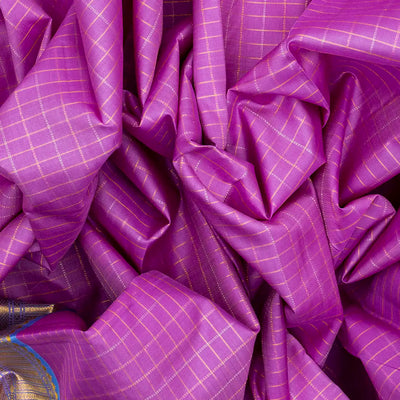 Bubble-gum Pink Handloom Kanchipuram Korvai Silk Saree With Zari Checks-BubbleGum Pink