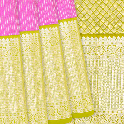 Hot Pink Handloom Kanchipuram Korvai Silk Saree With Stripes-Hot Pink