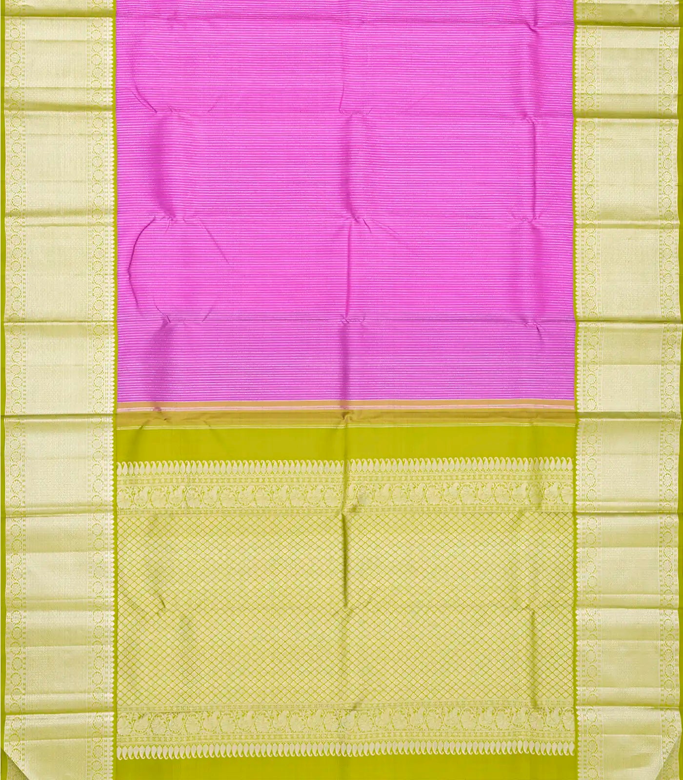 Hot Pink Handloom Kanchipuram Korvai Silk Saree With Stripes-Hot Pink