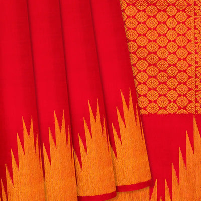 Red Handloom Kanchipuram Korvai Silk Saree With Temple Border-Red