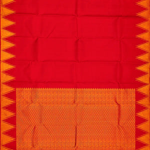 Red Handloom Kanchipuram Korvai Silk Saree With Temple Border-Red