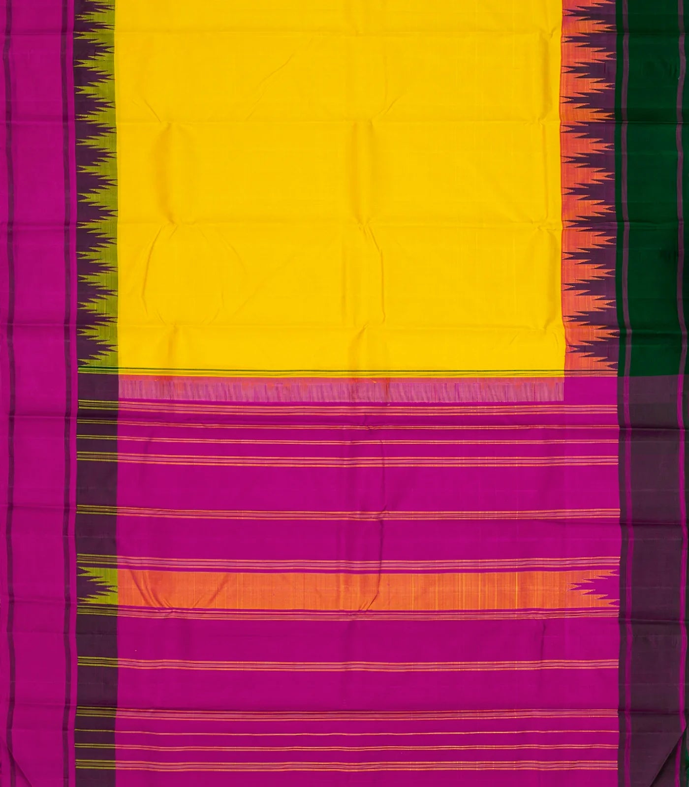 Yellow Handloom Kanchipuram Korvai Silk Saree With Ganga Jamuna Border-Yellow