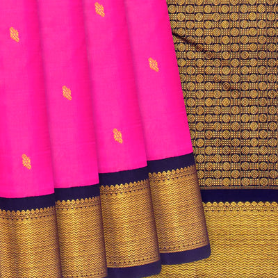 Hot Pink Handloom Kanchipuram Korvai Silk Saree With Floral Buttas-Hot Pink