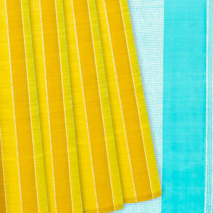 Mustard Handloom Kanchipuram Silk Saree With Stripes-Mustard