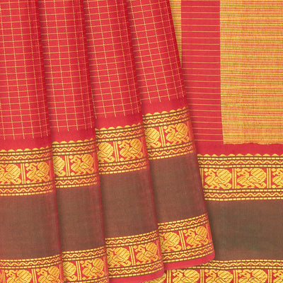 Red Handloom Kanchipuram Silk Saree With Checks-Red