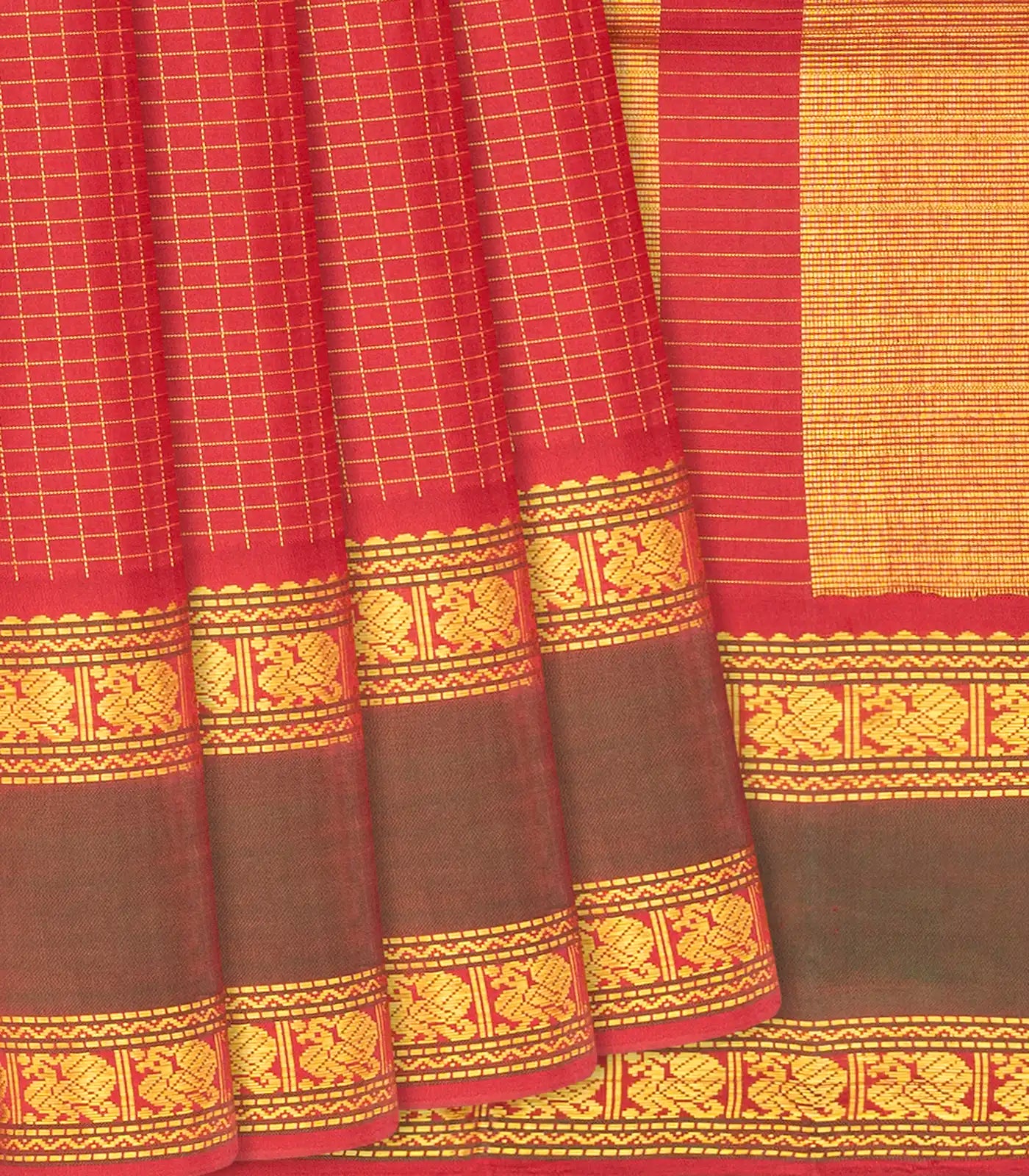 Red Handloom Kanchipuram Silk Saree With Checks-Red