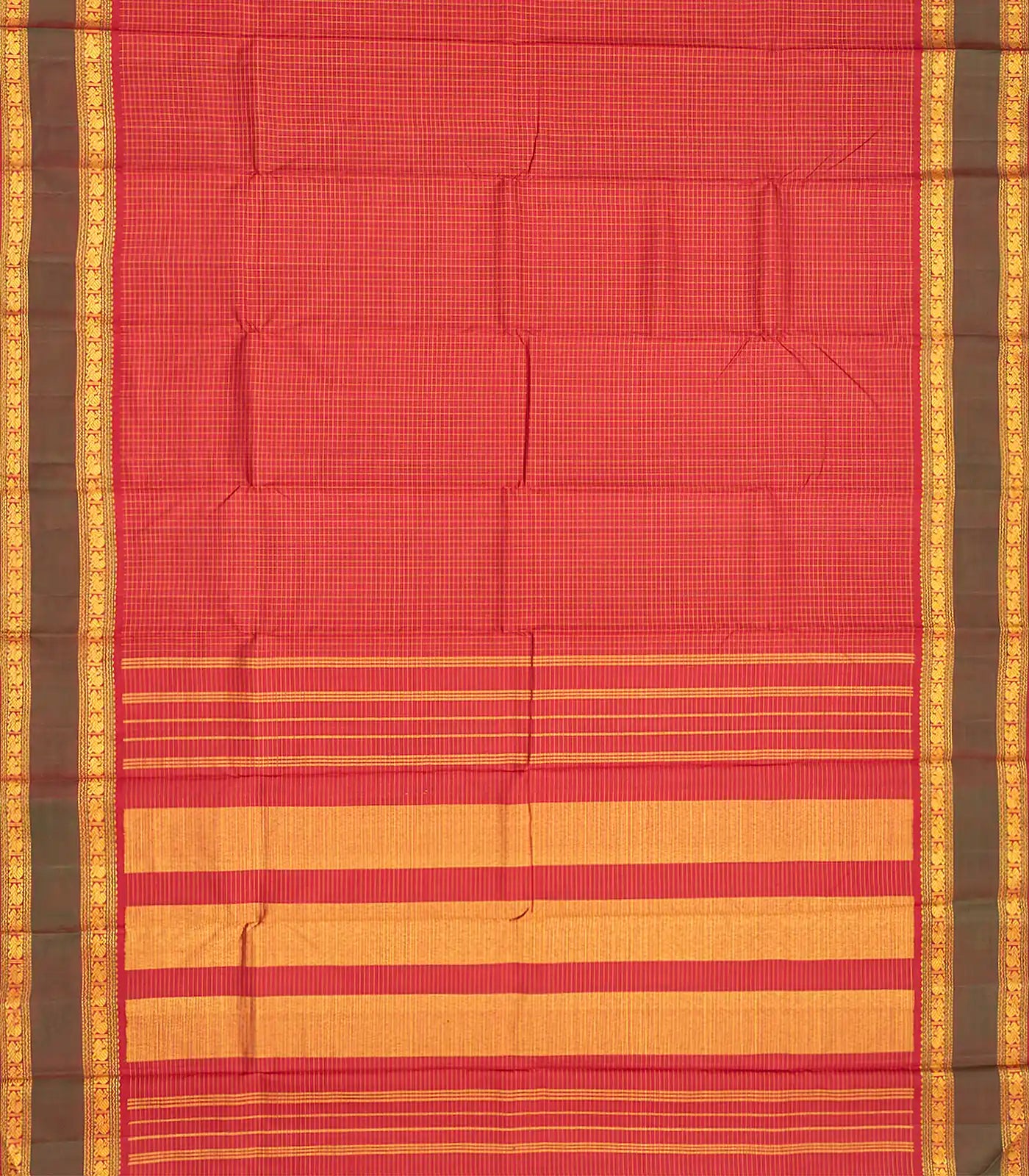 Red Handloom Kanchipuram Silk Saree With Checks-Red