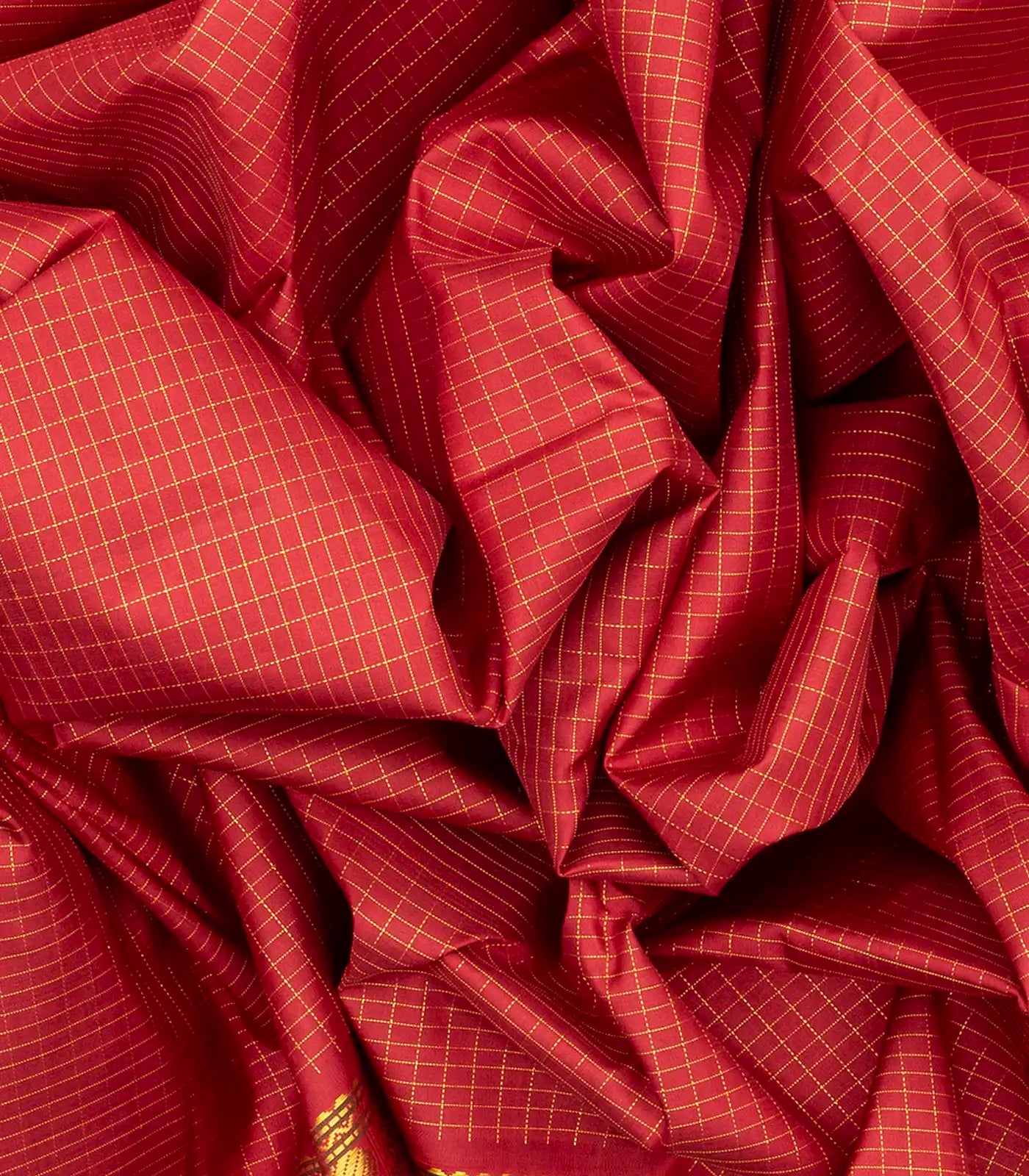 Red Handloom Kanchipuram Silk Saree With Checks-Red