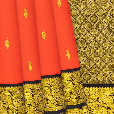 Red Handloom Kanchipuram Korvai Silk Saree With Black Border-Red