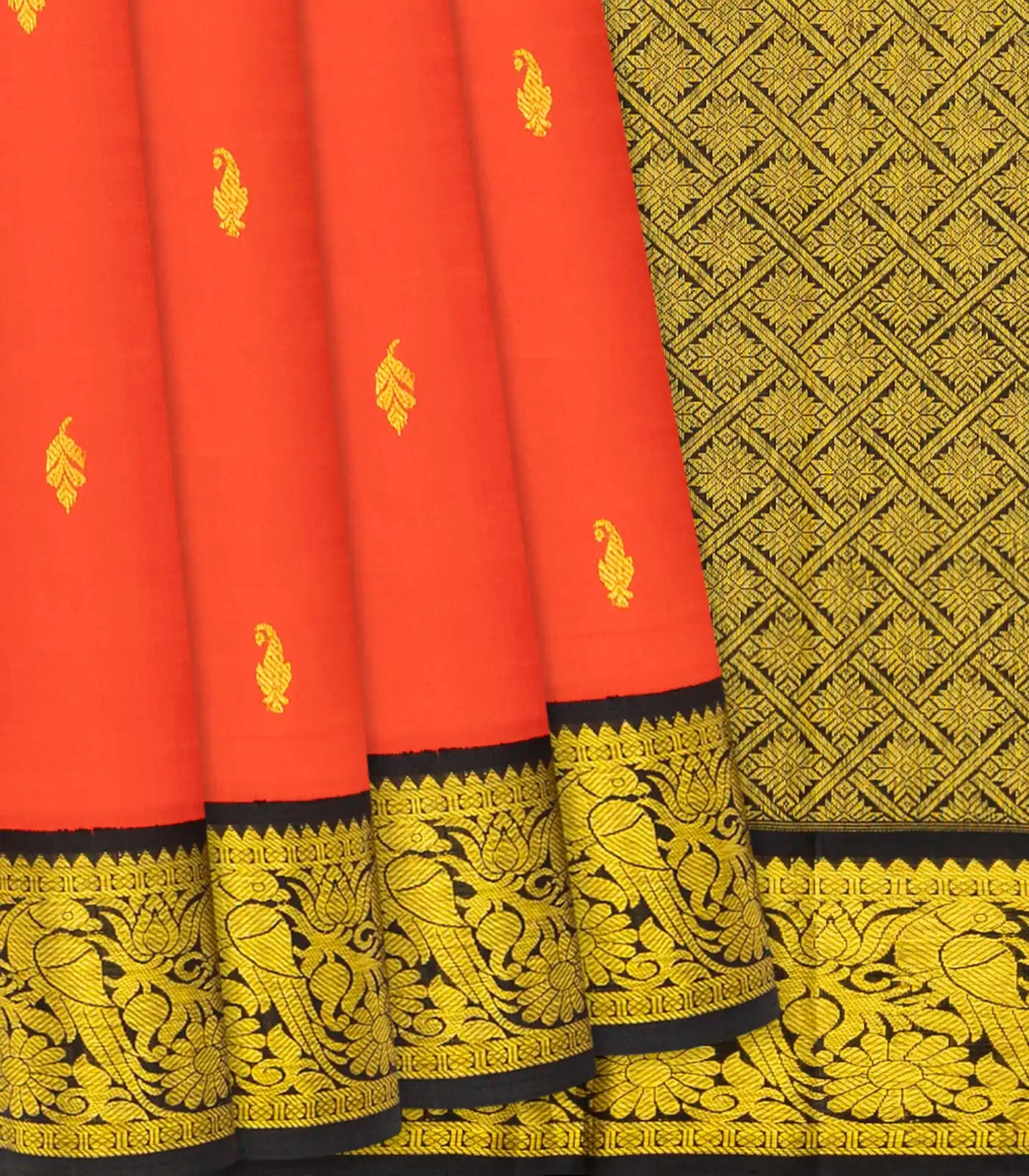 Red Handloom Kanchipuram Korvai Silk Saree With Black Border-Red