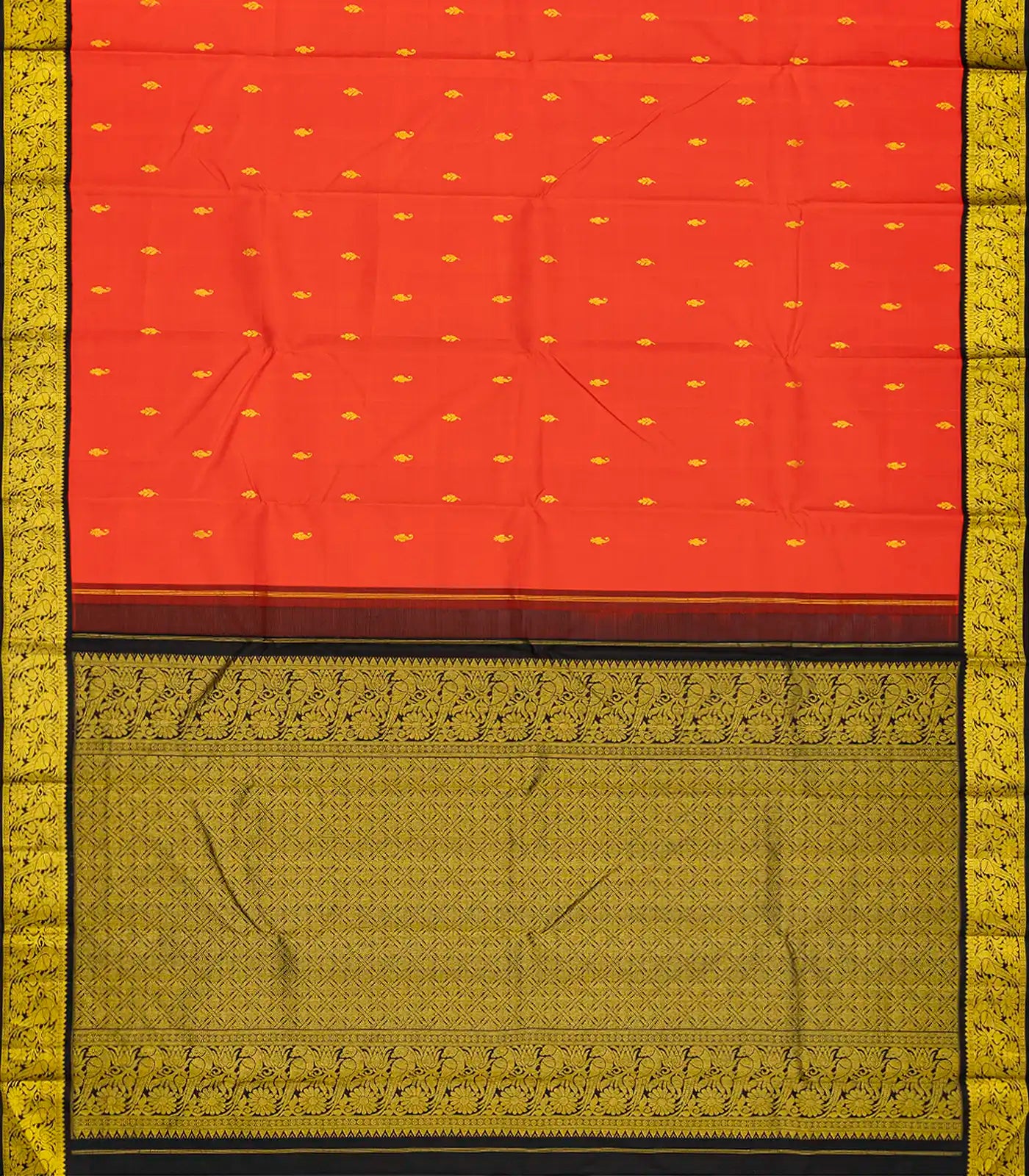 Red Handloom Kanchipuram Korvai Silk Saree With Black Border-Red