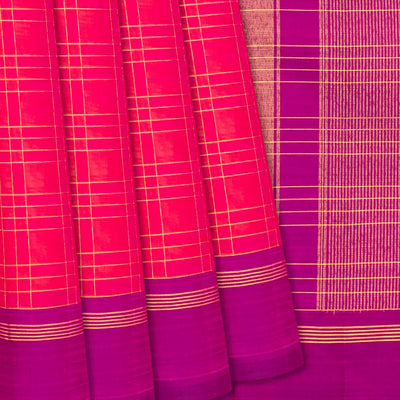 Hot Pink Handloom Kanchipuram Silk Saree With Zari Checks-Hot Pink
