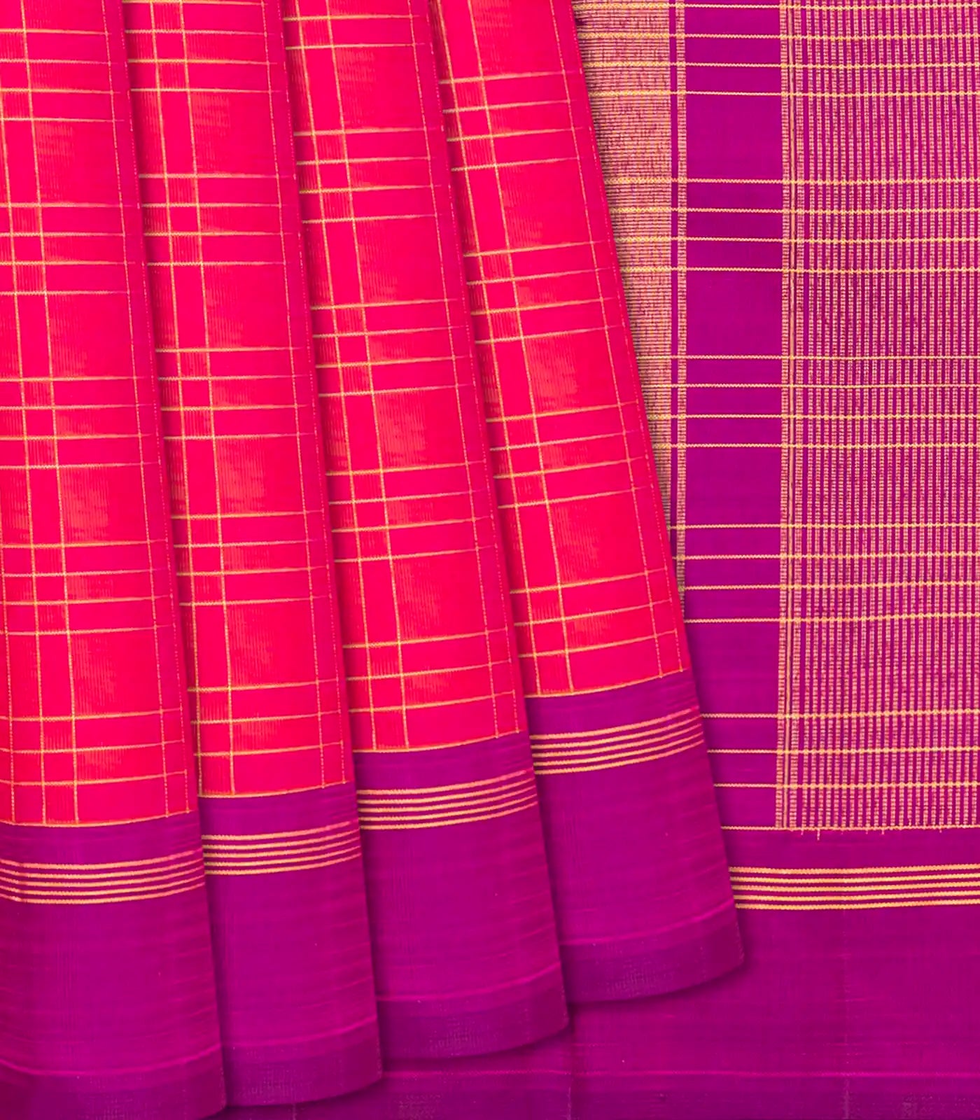 Hot Pink Handloom Kanchipuram Silk Saree With Zari Checks-Hot Pink