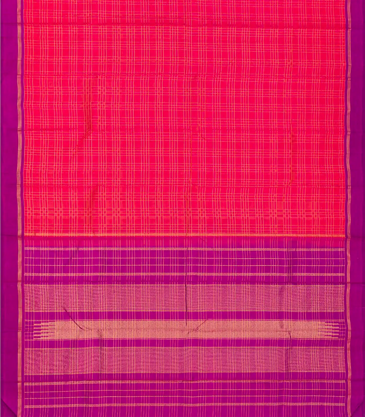 Hot Pink Handloom Kanchipuram Silk Saree With Zari Checks-Hot Pink
