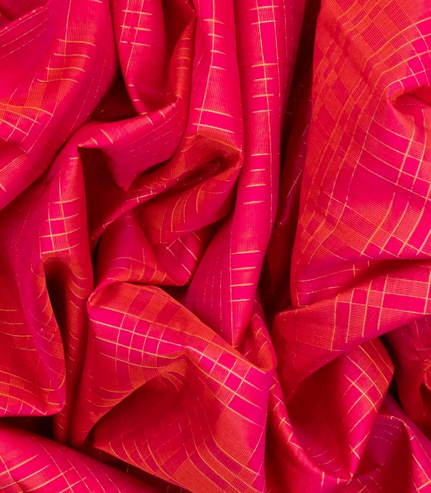 Hot Pink Handloom Kanchipuram Silk Saree With Zari Checks-Hot Pink