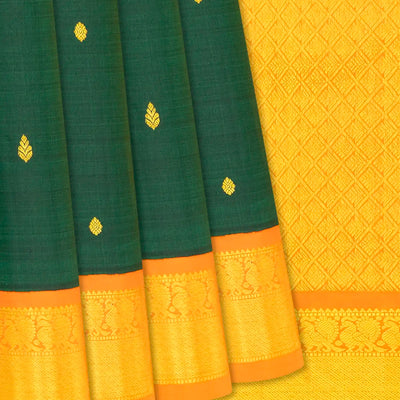 Dark Green Handloom Kanchipuram Korvai Silk Saree With Zari Buttas-Dark Green