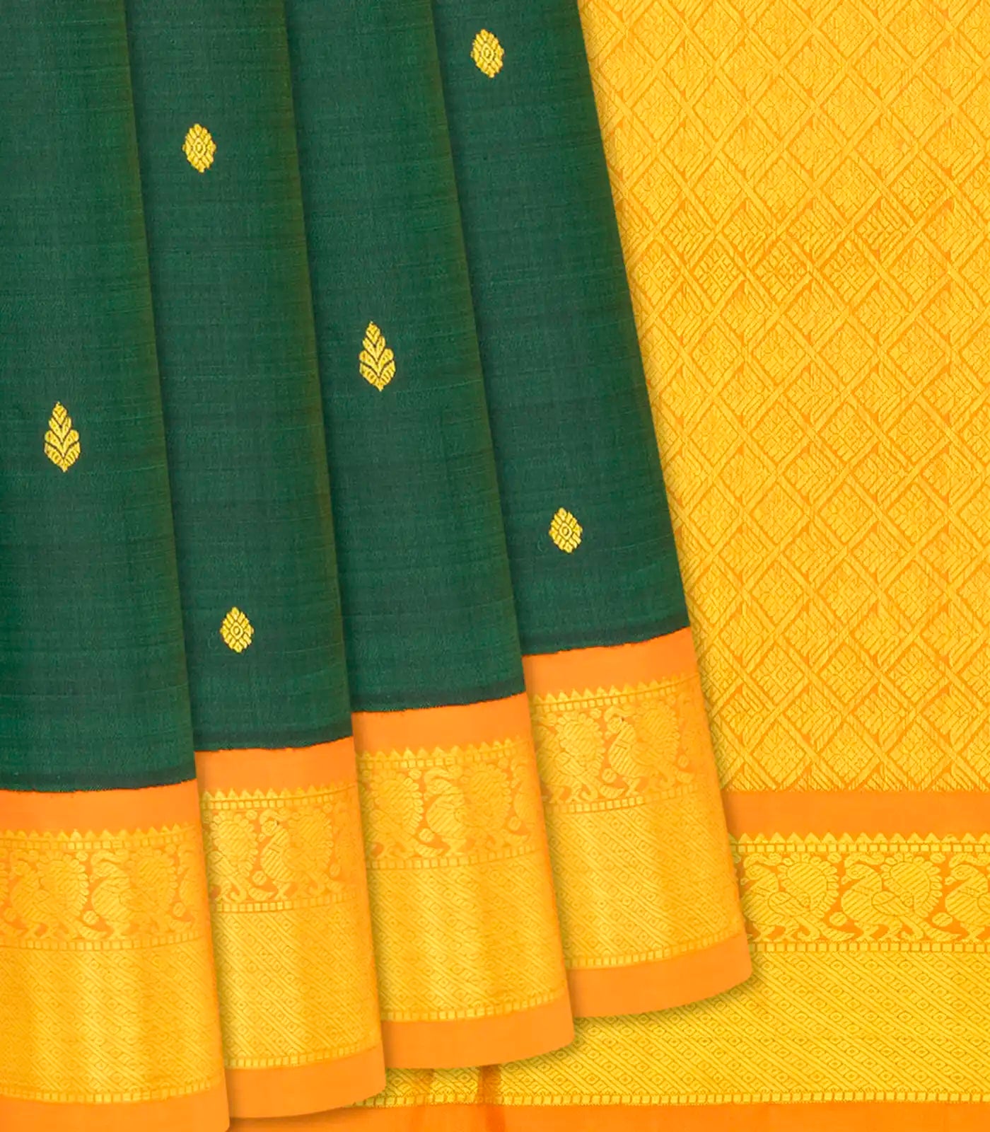 Dark Green Handloom Kanchipuram Korvai Silk Saree With Zari Buttas-Dark Green