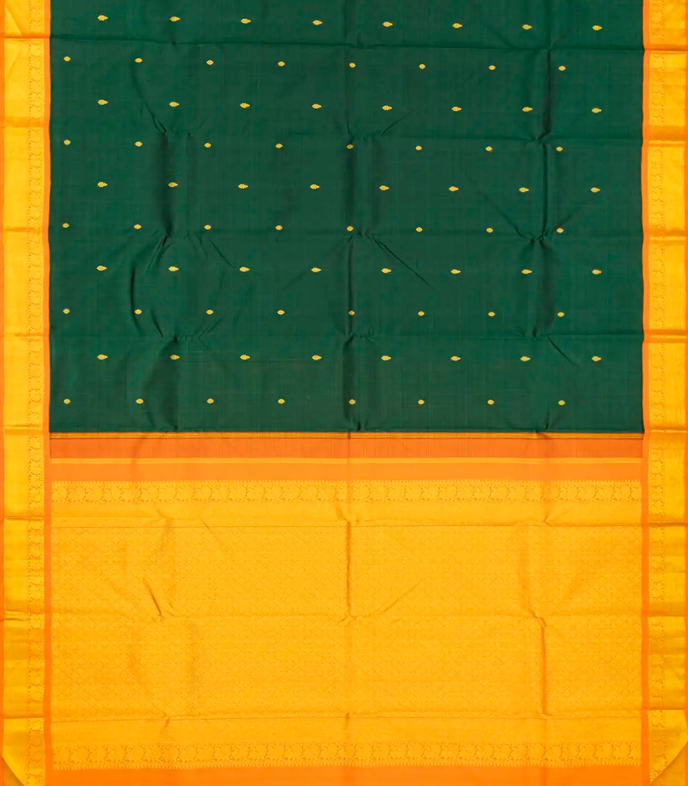 Dark Green Handloom Kanchipuram Korvai Silk Saree With Zari Buttas-Dark Green