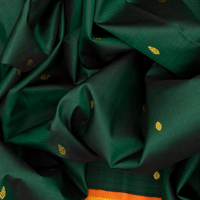 Dark Green Handloom Kanchipuram Korvai Silk Saree With Zari Buttas-Dark Green