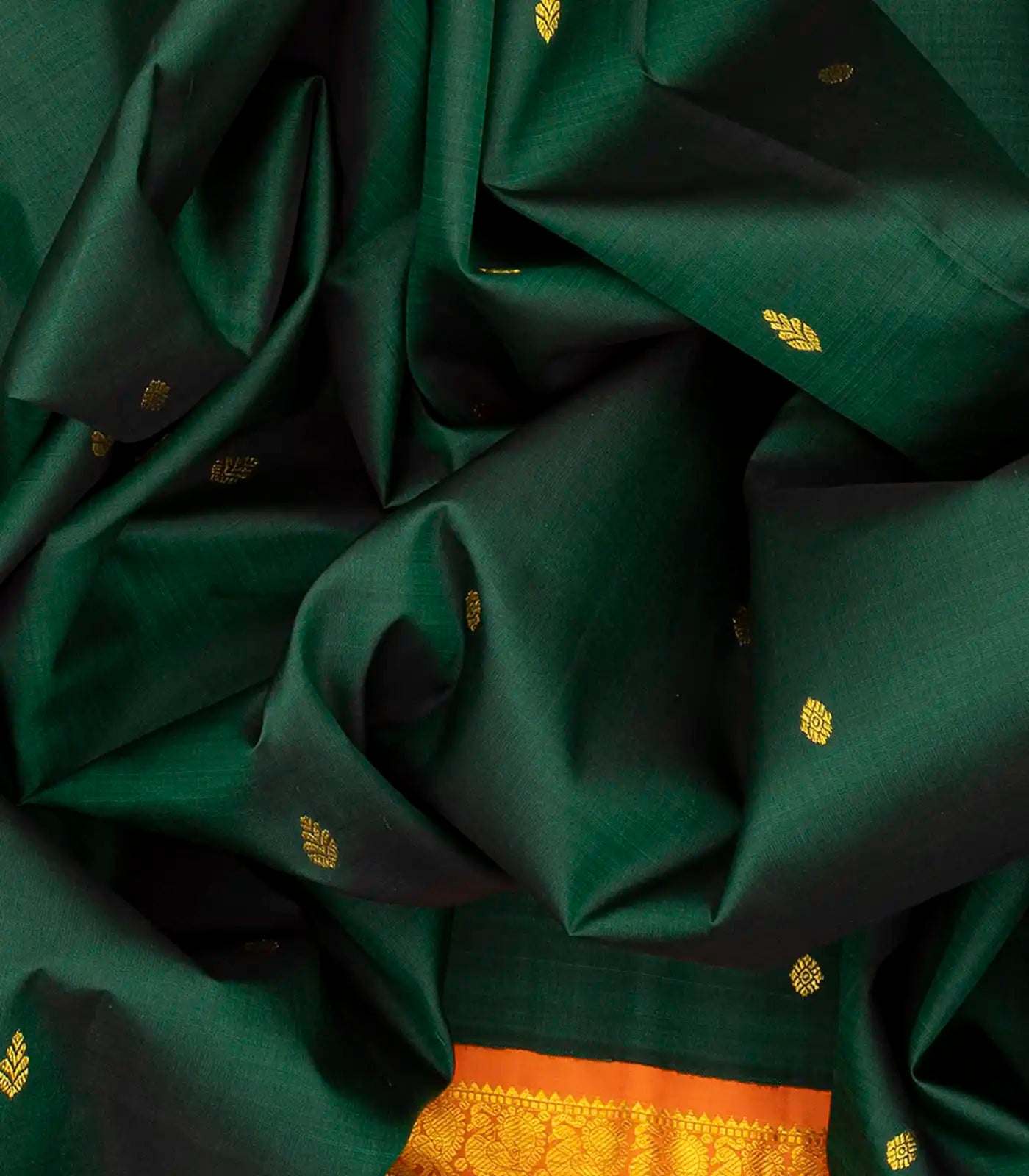 Dark Green Handloom Kanchipuram Korvai Silk Saree With Zari Buttas-Dark Green